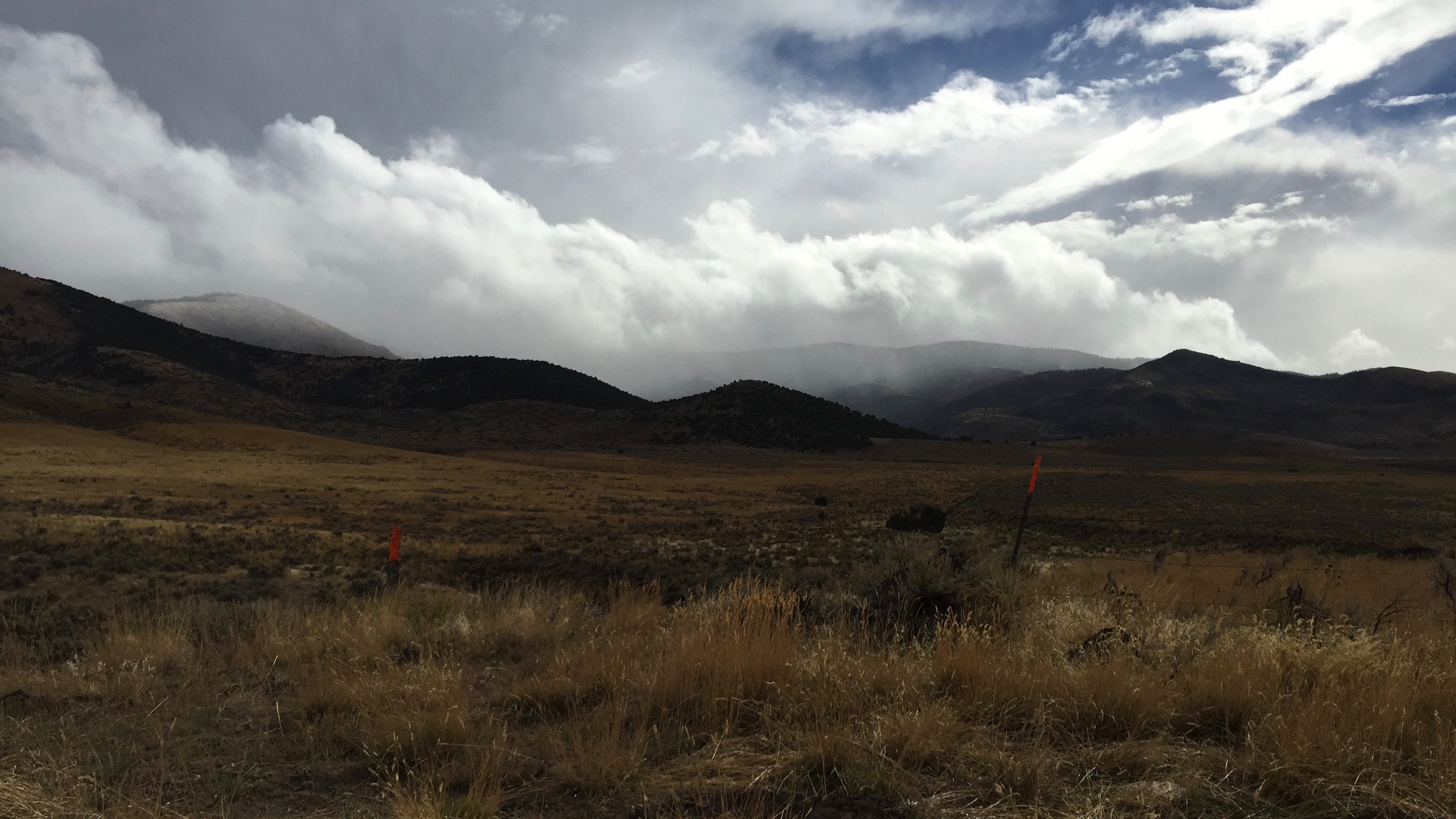 Brown grass in the foreground; rainy hills in the distance; two orange-capped posts