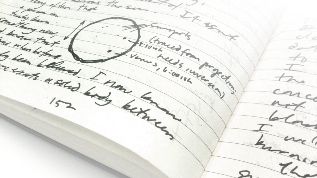 Photograph of notebook pages, with sketch of transit